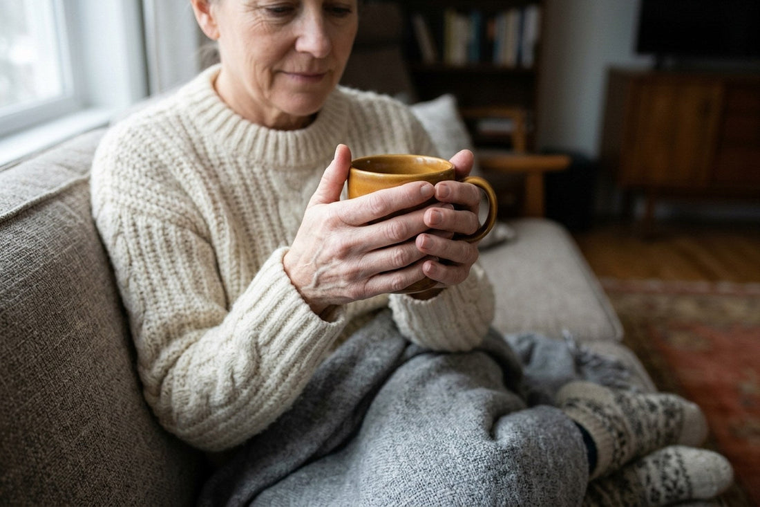 Woman warming her cold hands around a mug of tea