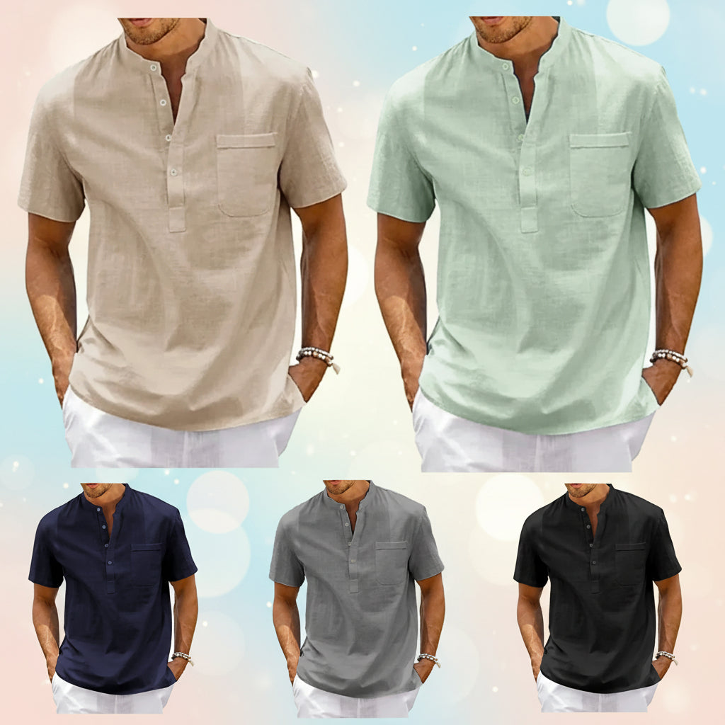 Men's Cotton Linen Short-Sleeve Henley