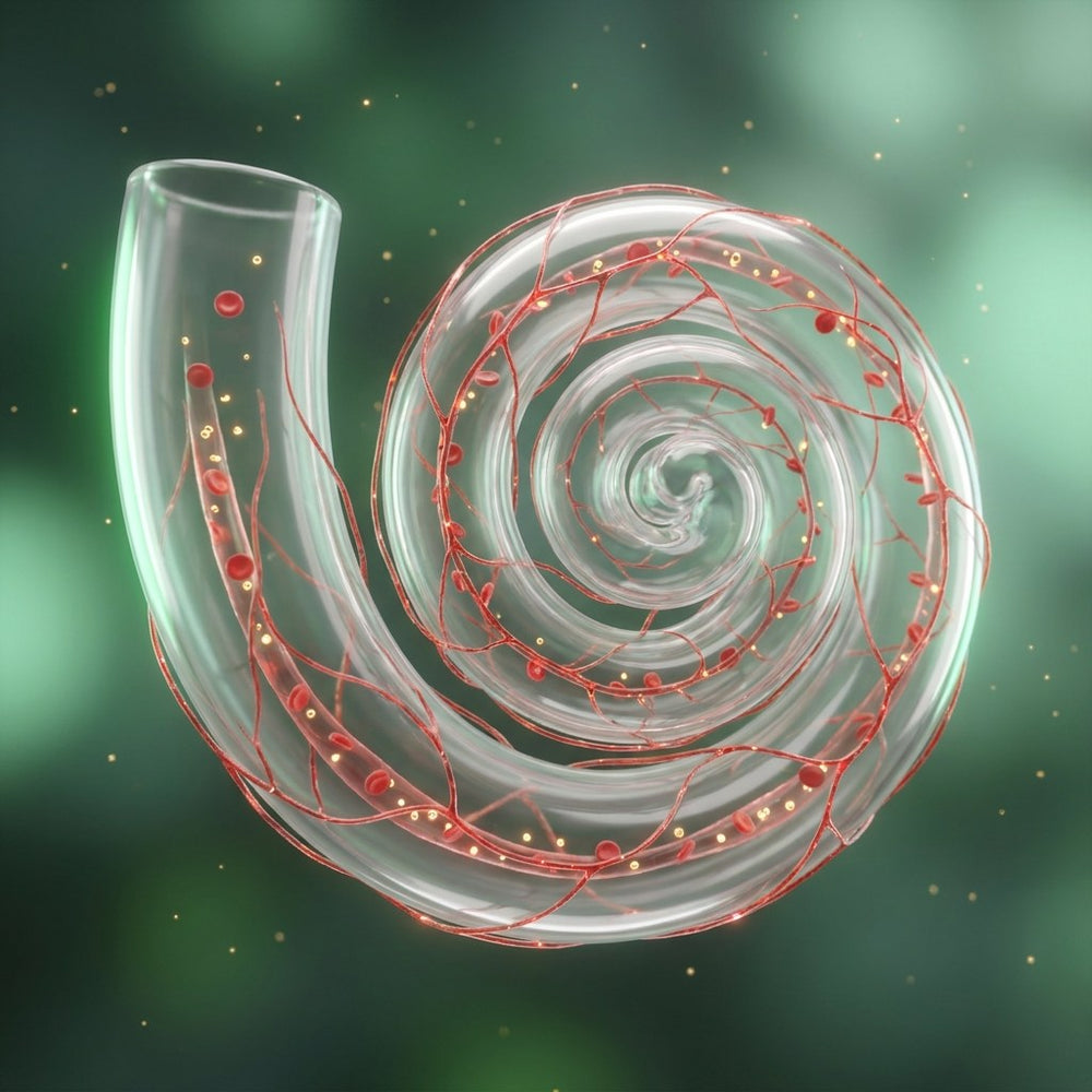 Translucent spiral inner-ear structure wrapped in tiny blood vessels carrying red blood cells and nutrients