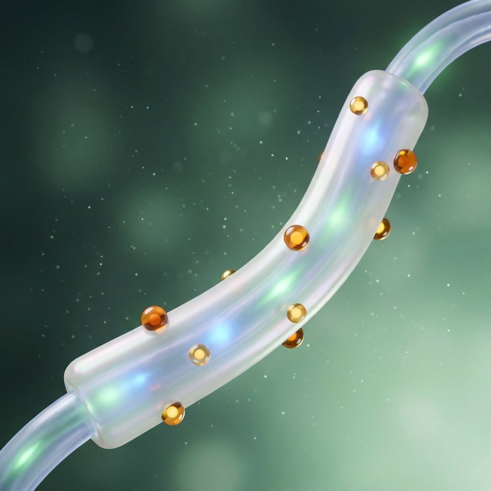 Glossy nerve fiber with a smooth protective sheath and signal pulses, nourished by vitamin spheres