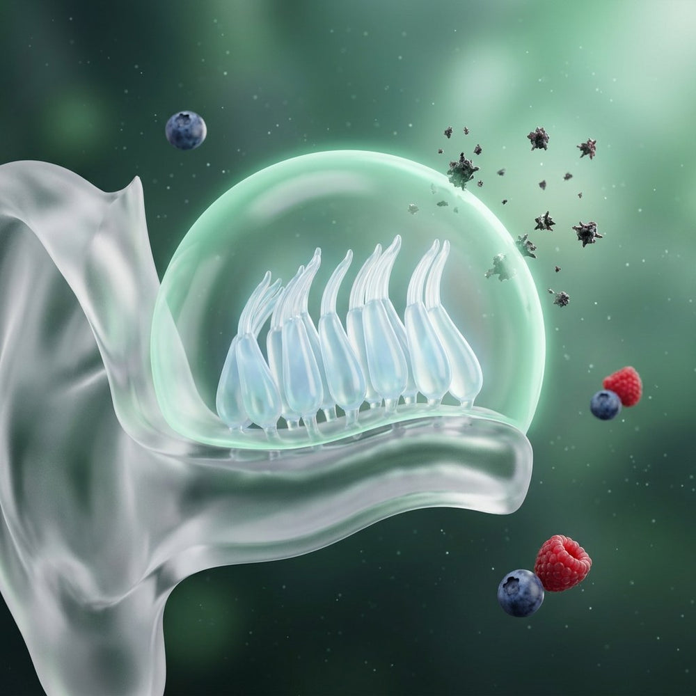 Delicate sensory hair cells inside a mint antioxidant shield deflecting free-radical particles