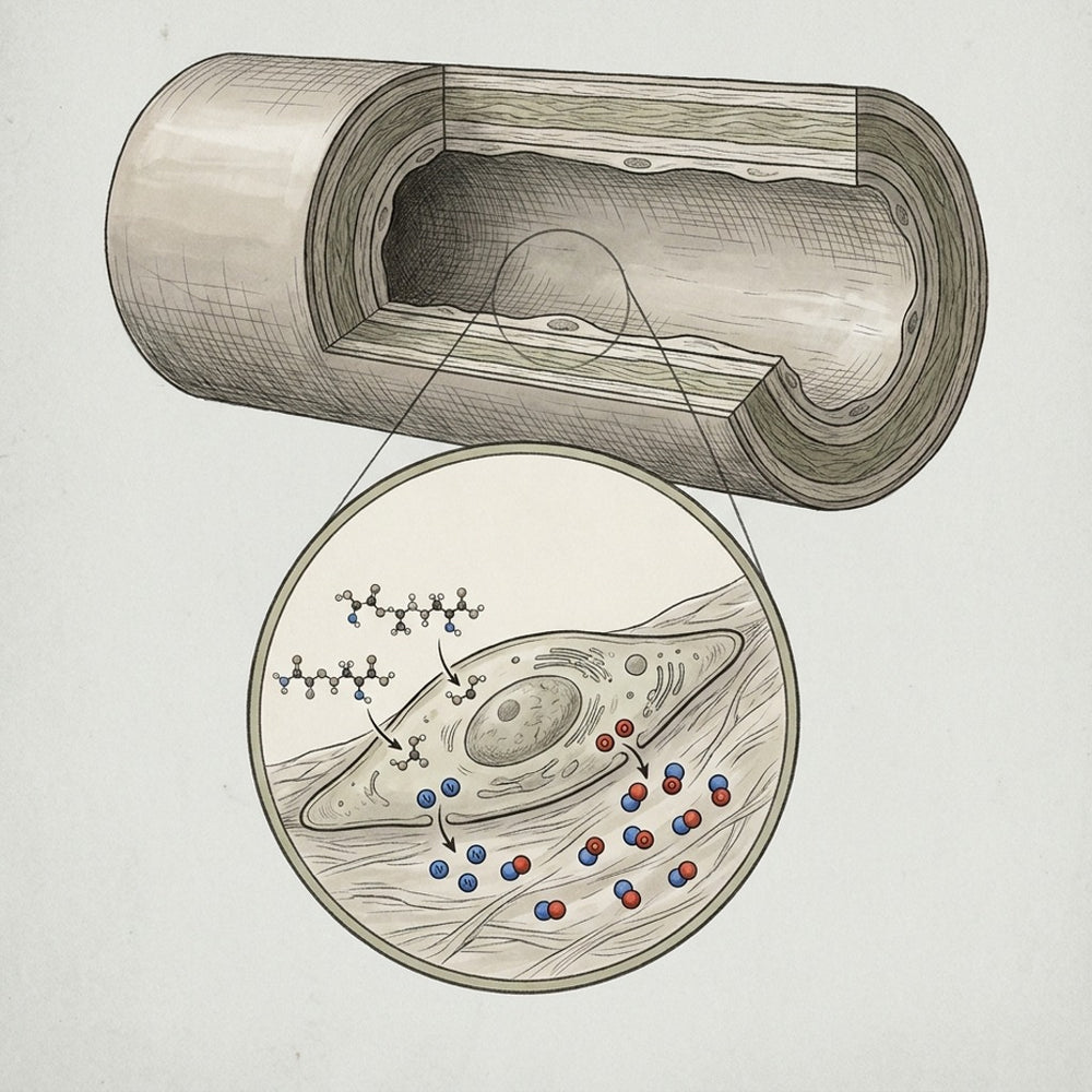 Artery cutaway with a magnified endothelial cell taking up L-arginine and L-citrulline and releasing nitric oxide molecules