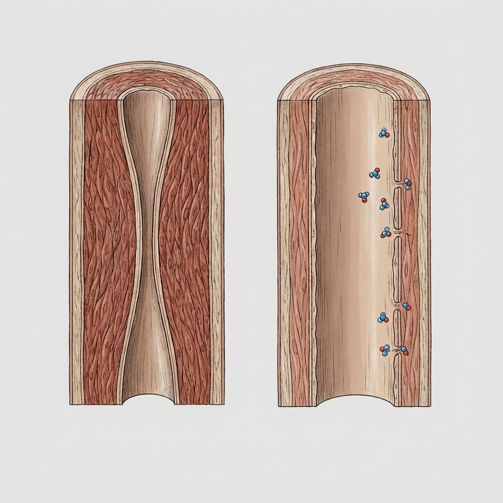 Two artery cross-sections: tense smooth muscle with a narrow lumen beside a relaxed wall with a wider lumen as nitric oxide diffuses in