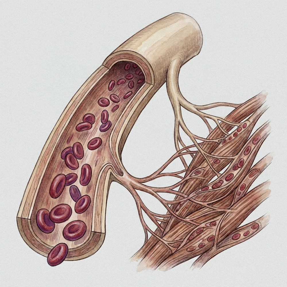 Wide open blood vessel with red blood cells flowing into capillaries that deliver oxygen to muscle tissue