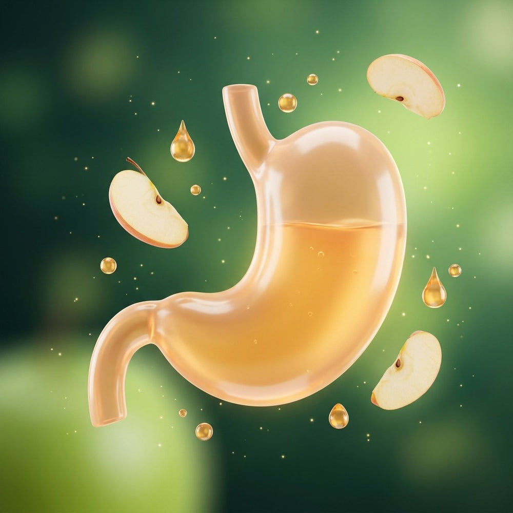 Translucent stomach comfortably filled, with apple cider vinegar droplets and apple slices around it