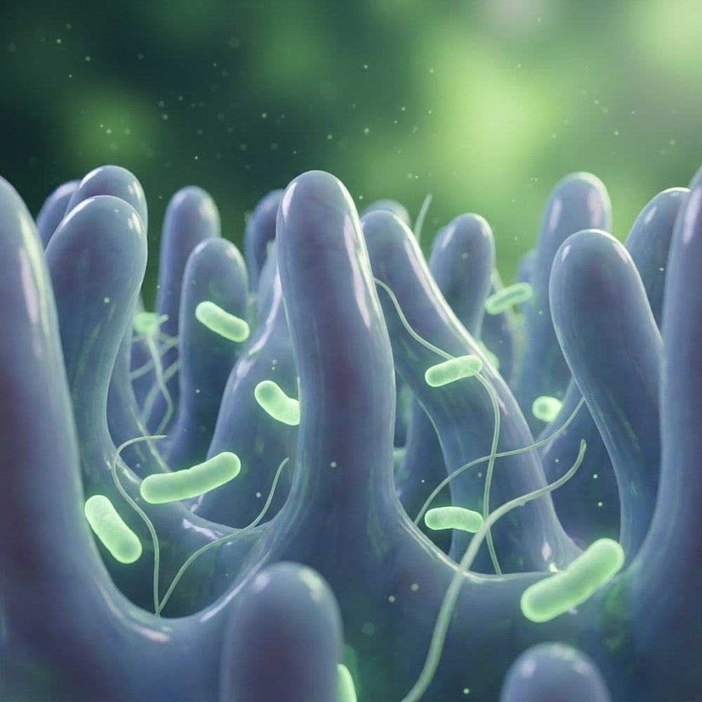Intestinal lining folds with glowing friendly bacteria and prebiotic fiber strands