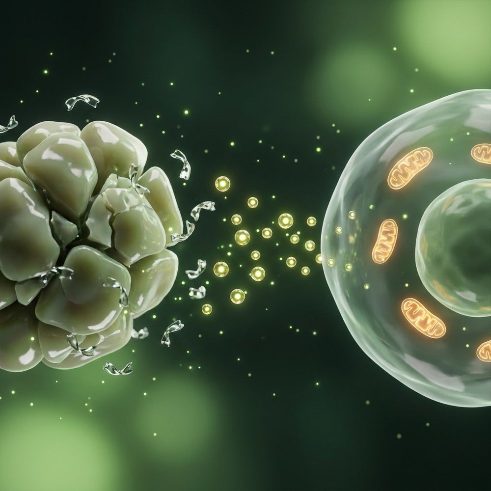 Enzymes breaking food particles into nutrient spheres that flow to a cell with glowing mitochondria