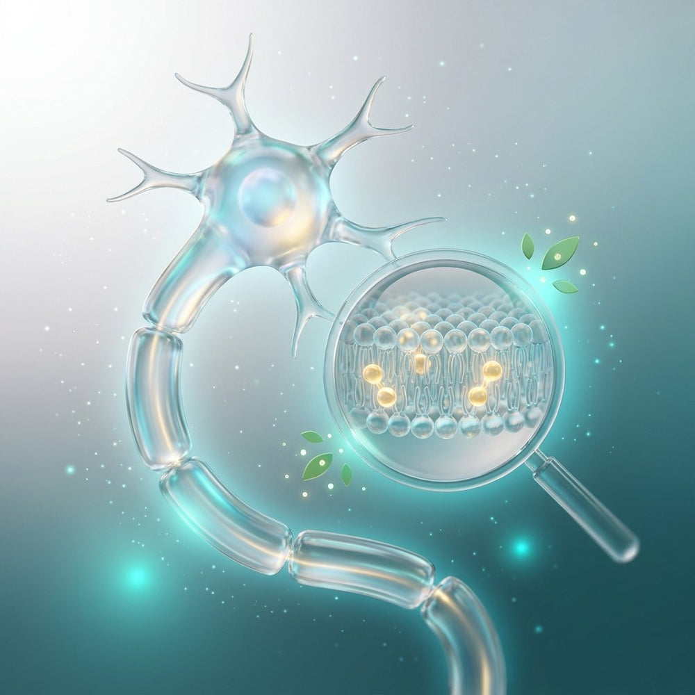 Neuron cutaway with a magnified cell membrane rich in phosphatidylserine, beside Bacopa monnieri leaves