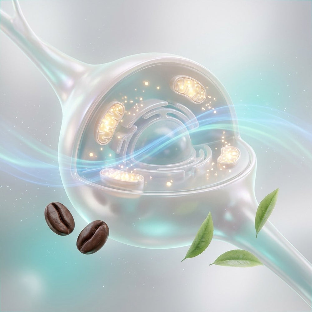 Neuron with mitochondria producing ATP, beside green tea leaves and coffee beans