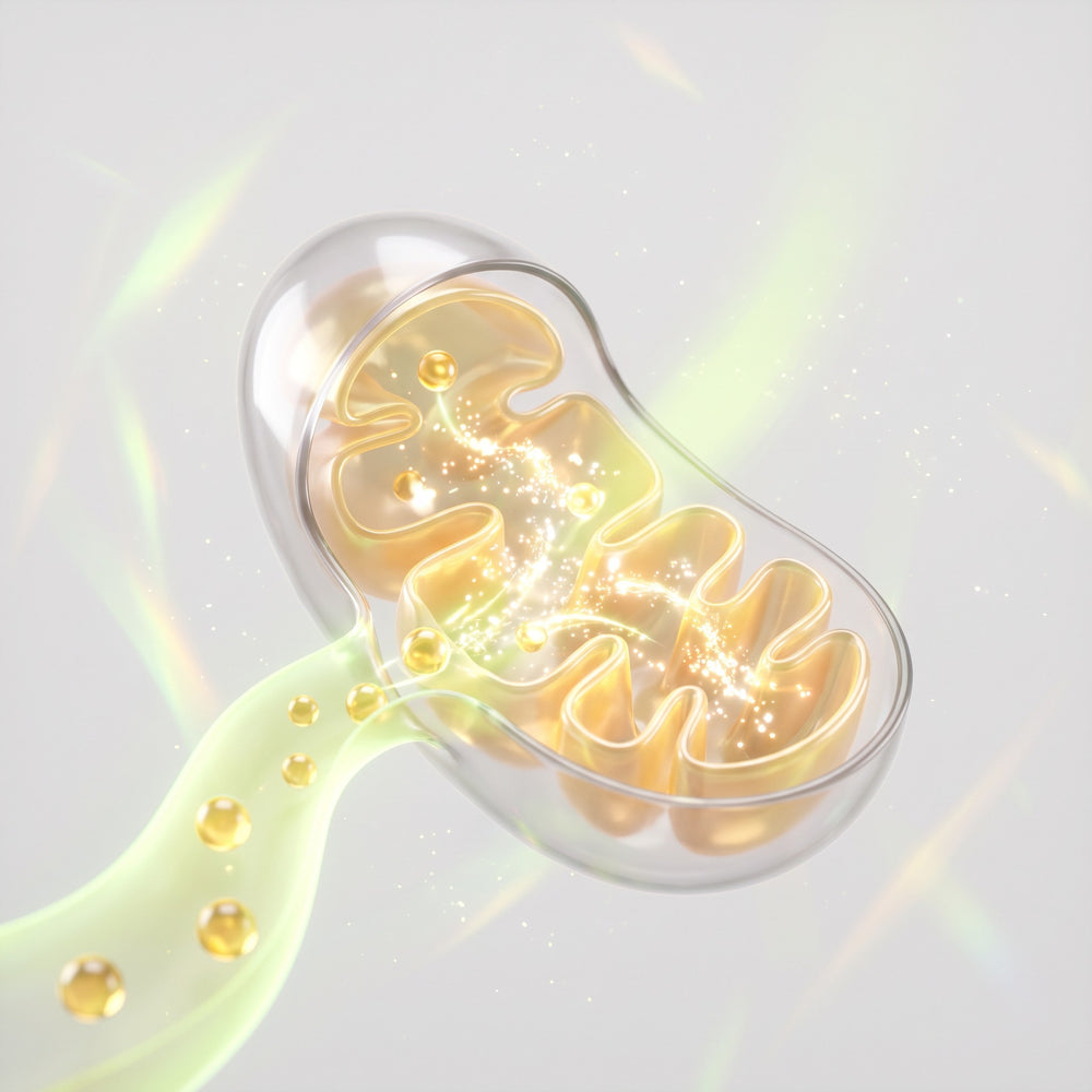 Glossy translucent mitochondrion with golden fat droplets streaming in along a lime light path and turning into energy