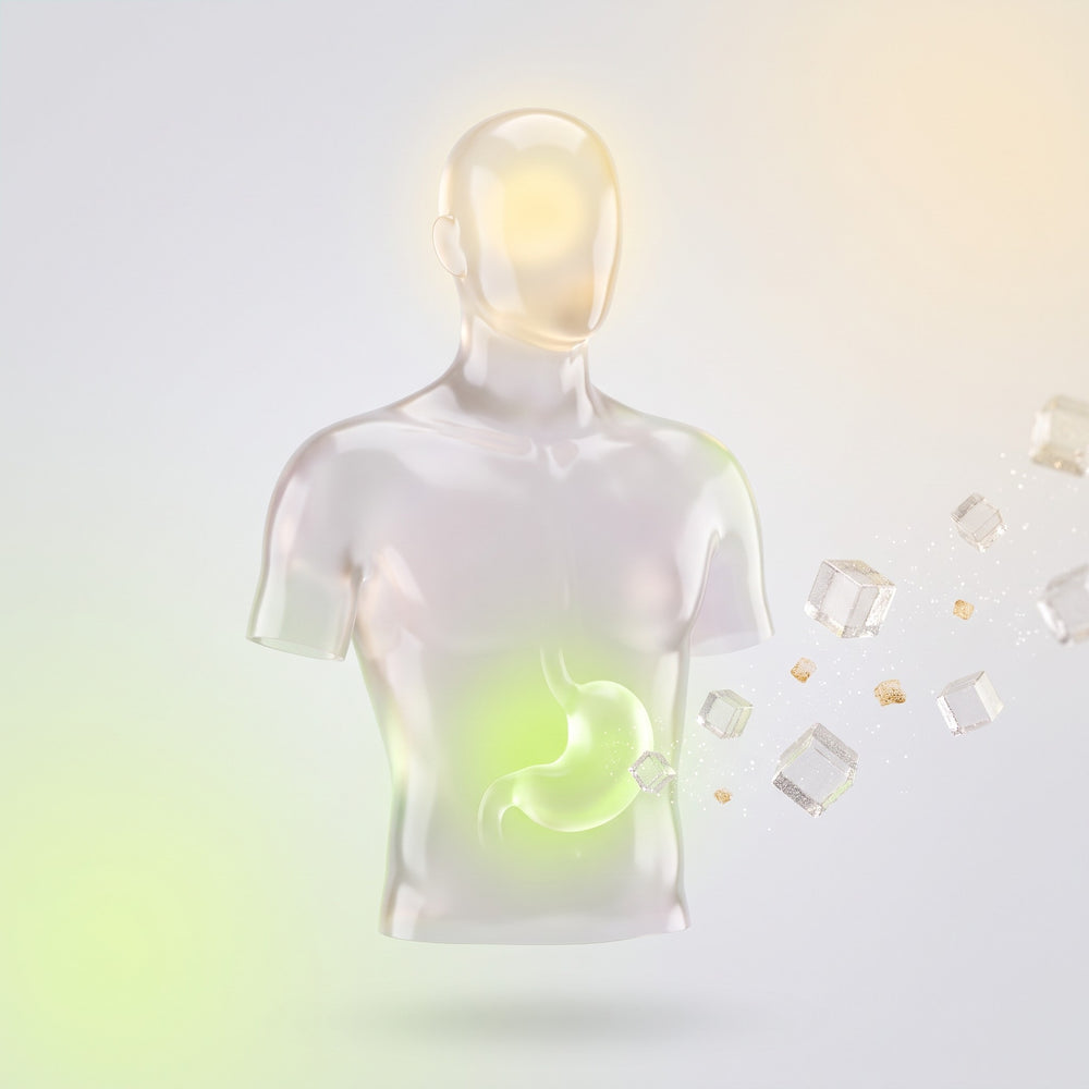 Translucent upper-body silhouette with a calm glowing stomach while sugar cubes drift away