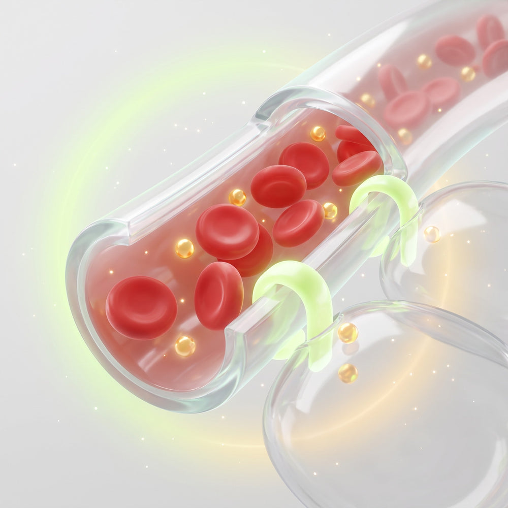 Blood vessel cross-section with steady red blood cells and glucose spheres entering cells through glowing gateways