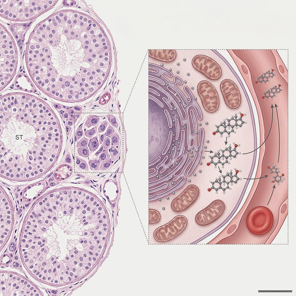 Testicular tissue cross-section with a magnified Leydig cell releasing testosterone molecules into a capillary