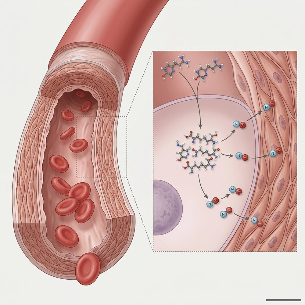 Artery cutaway with an inset of an endothelial cell turning L-arginine into nitric oxide that relaxes the smooth muscle