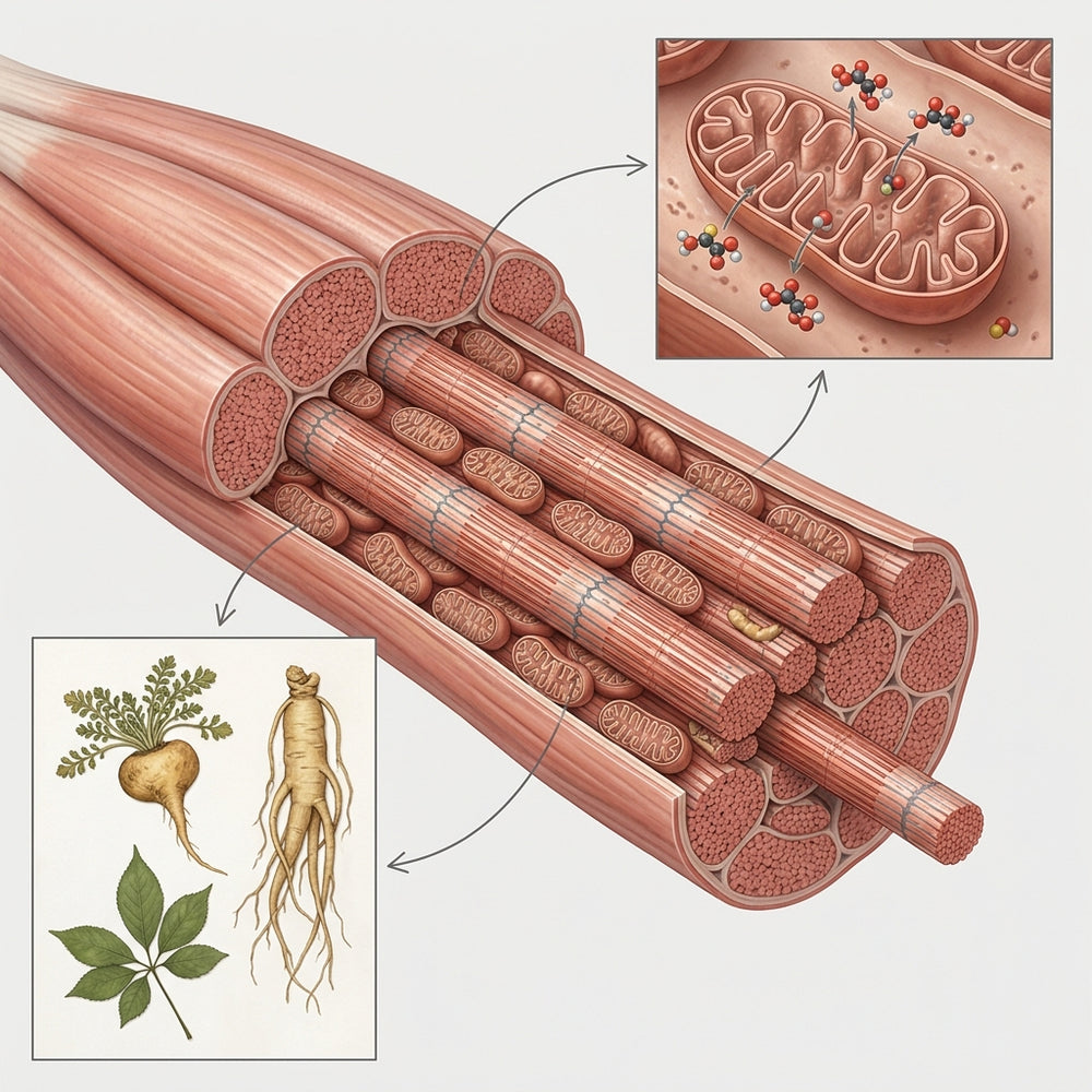 Muscle fiber cutaway with mitochondria releasing ATP, beside maca root, Panax ginseng root and eleuthero leaves