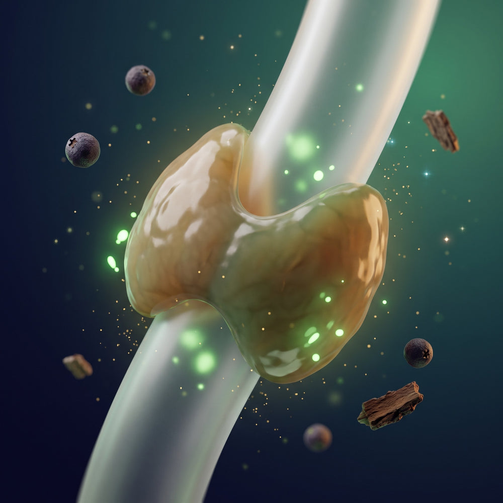 Calm, glossy translucent gland around a smooth tube with green botanical particles settling on it