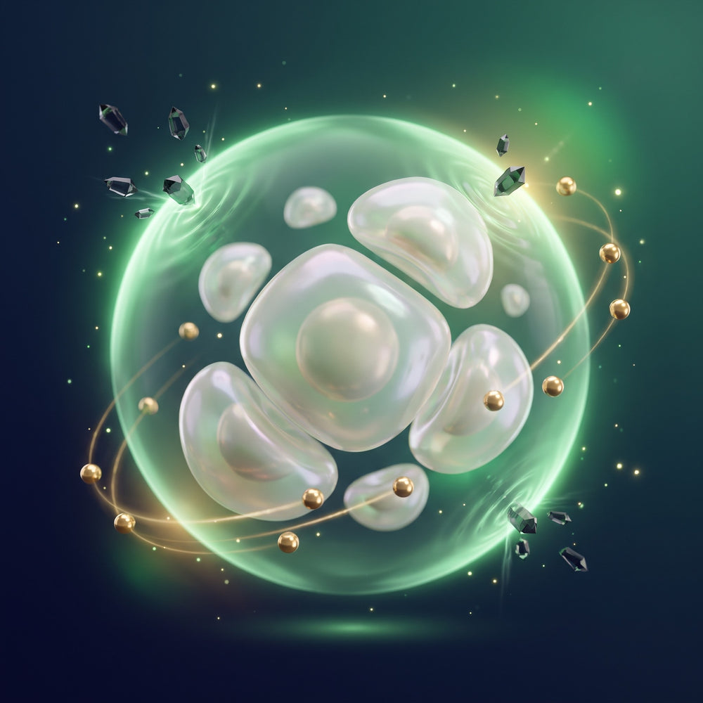 Glossy cells inside a green shield of light deflecting free-radical particles