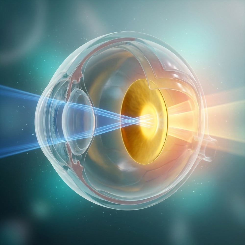 Translucent eyeball cross-section with a golden pigment layer at the center of the retina filtering incoming blue light