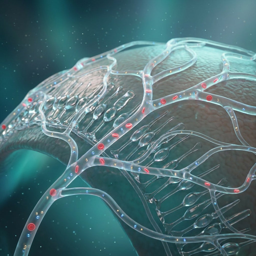 Network of tiny translucent blood vessels across the retina carrying red blood cells and nutrients to retinal cells
