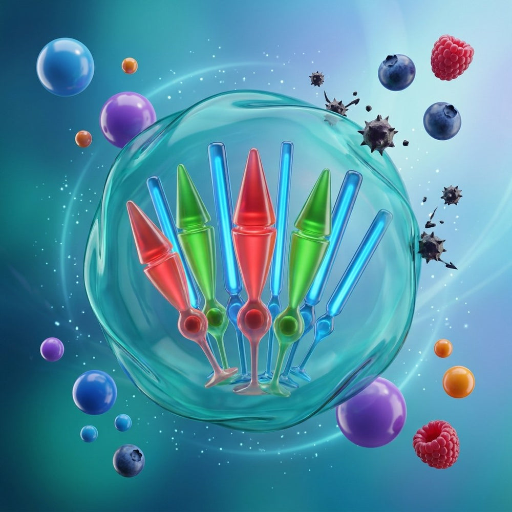 Retinal rod and cone cells inside a translucent antioxidant shield that deflects free-radical particles