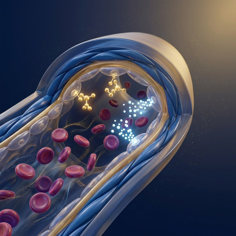 Translucent artery cutaway where the lining cells turn amino acids into nitric oxide and the vessel relaxes and widens