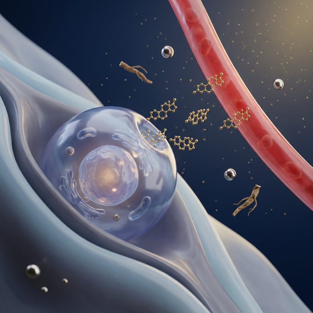 Glossy cell releasing gold testosterone molecules into a capillary, with zinc and botanical root fragments around it