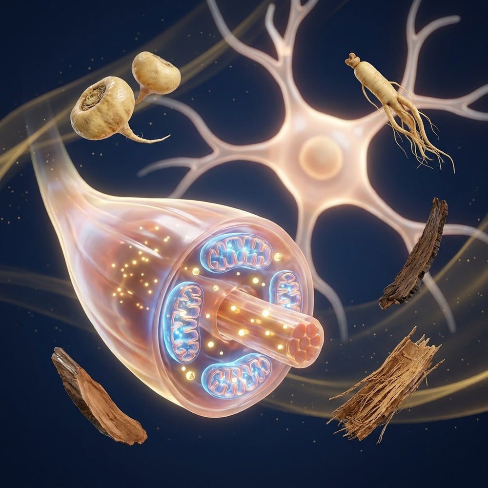 Muscle fiber cutaway with glowing mitochondria, a calm nerve cell and maca, ginseng, catuaba and muira puama botanicals